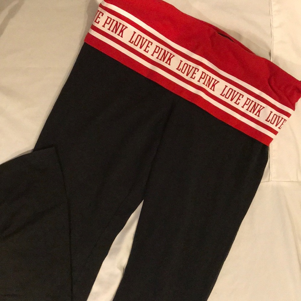 Pink yoga pants red and white at the top